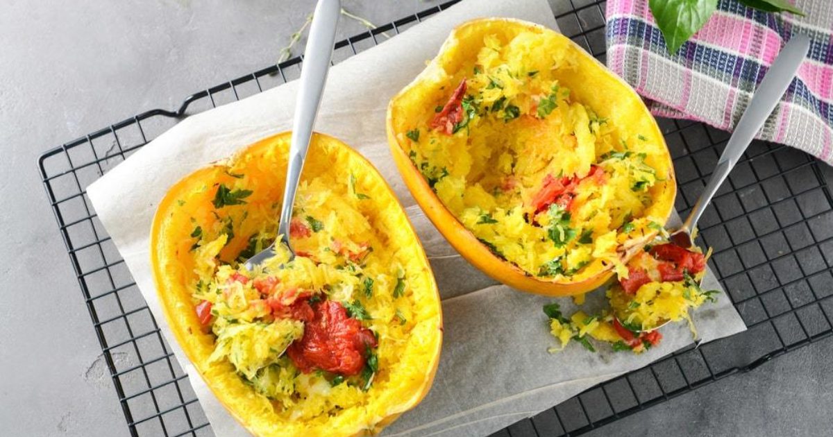 Spaghetti squash with Cheddar, Herbs & Cherry Tomatoes | Groobarb's Wild Farm