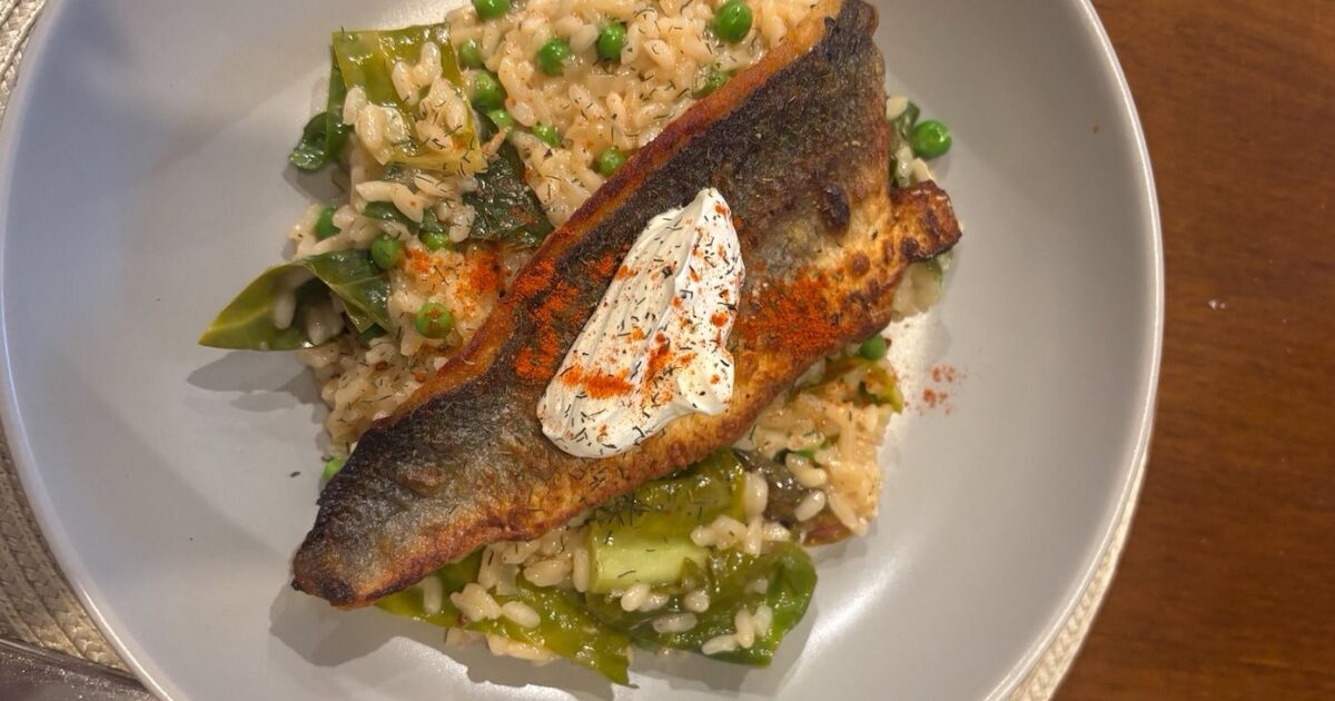 Spring Greens Risotto with Crispy Sea Bass | Groobarb's Wild Farm
