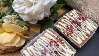 Raspberry and Rhubarb White Chocolate Blondies