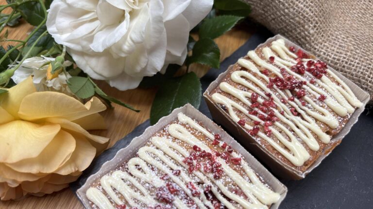 Raspberry and Rhubarb White Chocolate Blondies
